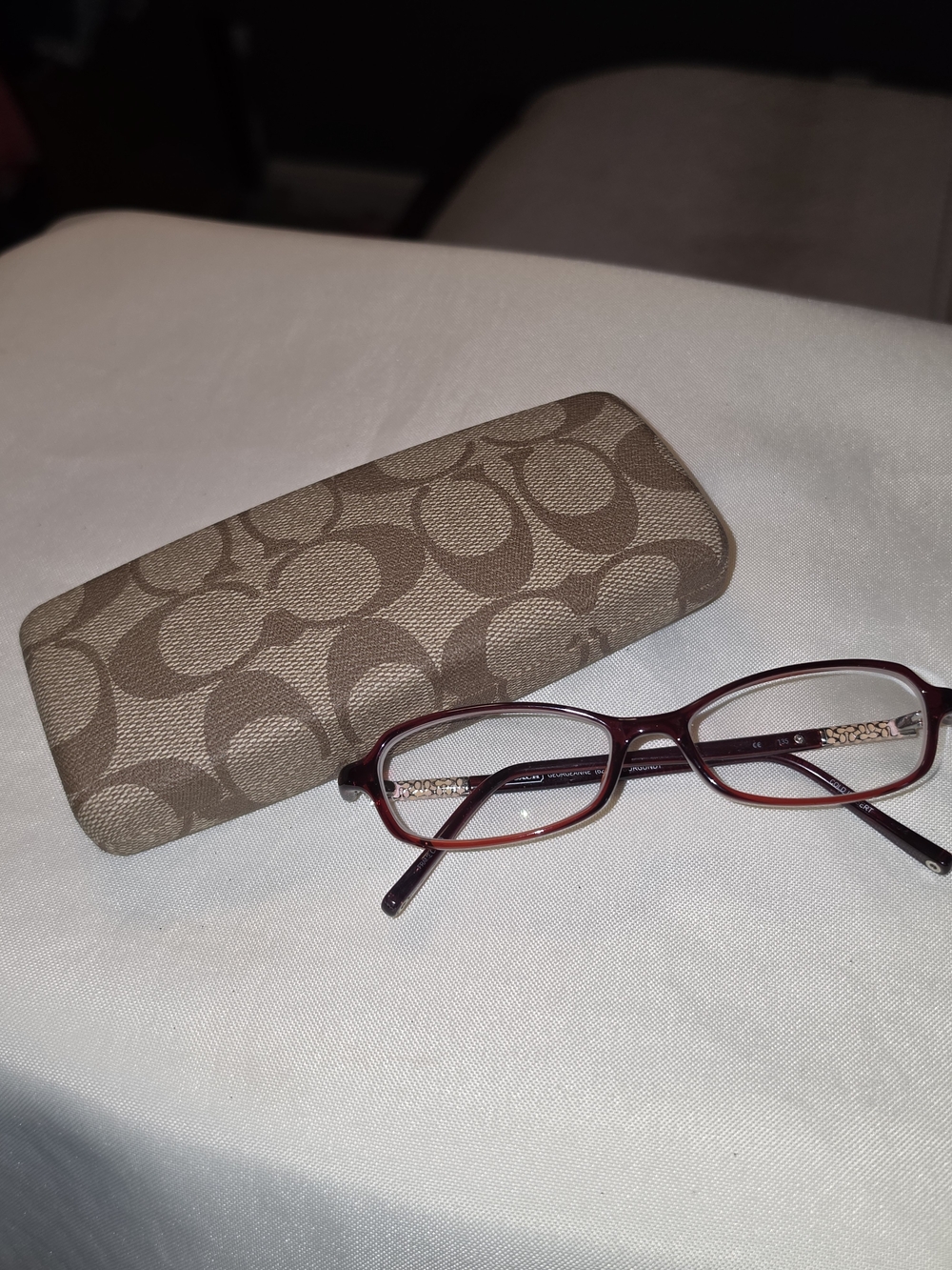 Brown Signature Pattern Glasses Case with Burgundy Reading Glasses